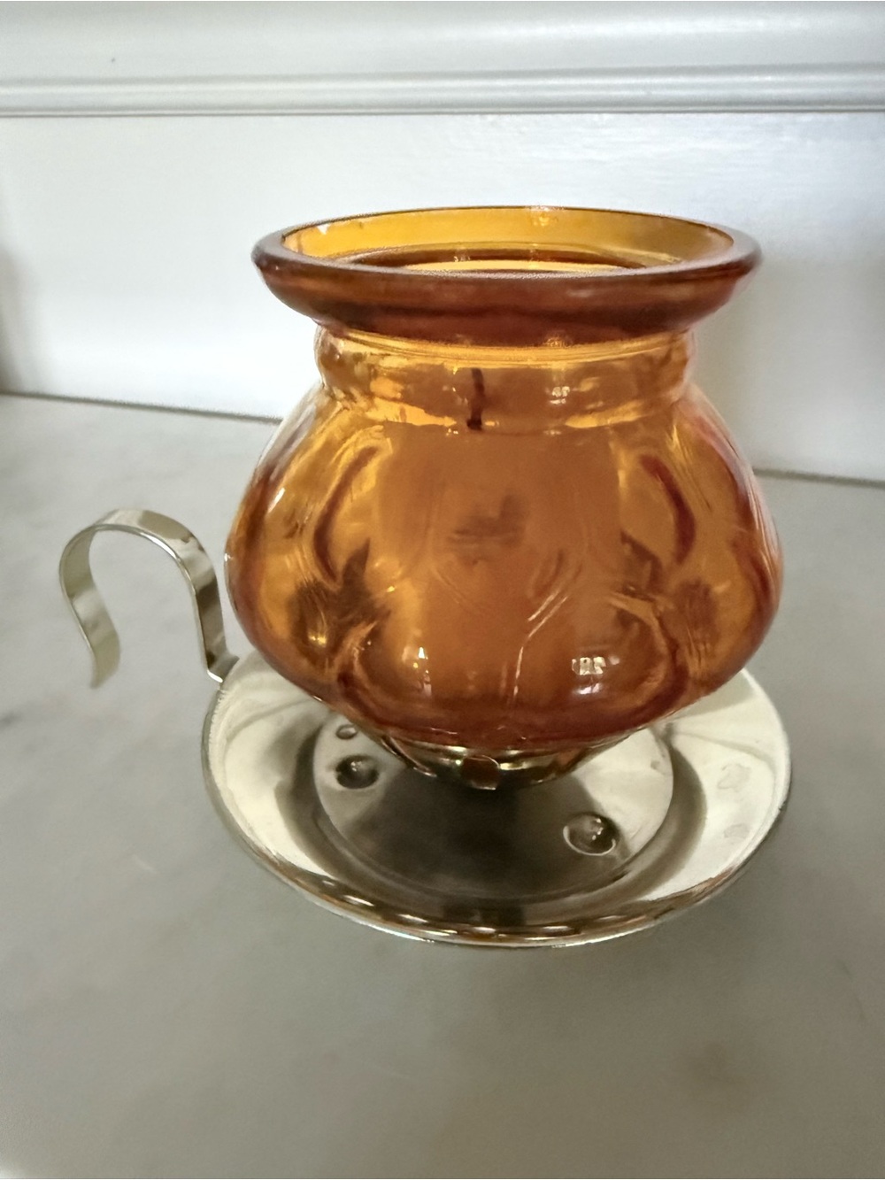Vintage Amber Glass Candle Holder with Silver-Tone Base